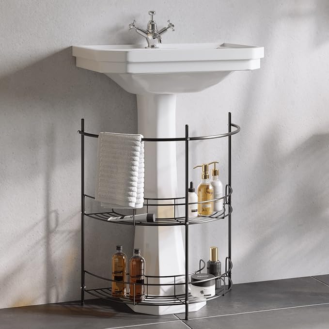 Lavish Home Pedestal Sink Organizer, Black, 21.25” x 11” x 23.25” | Compact Under Sink Rack with 2 Storage Shelves and Towel Holder - Space Saving Bathroom Storage - Image 4