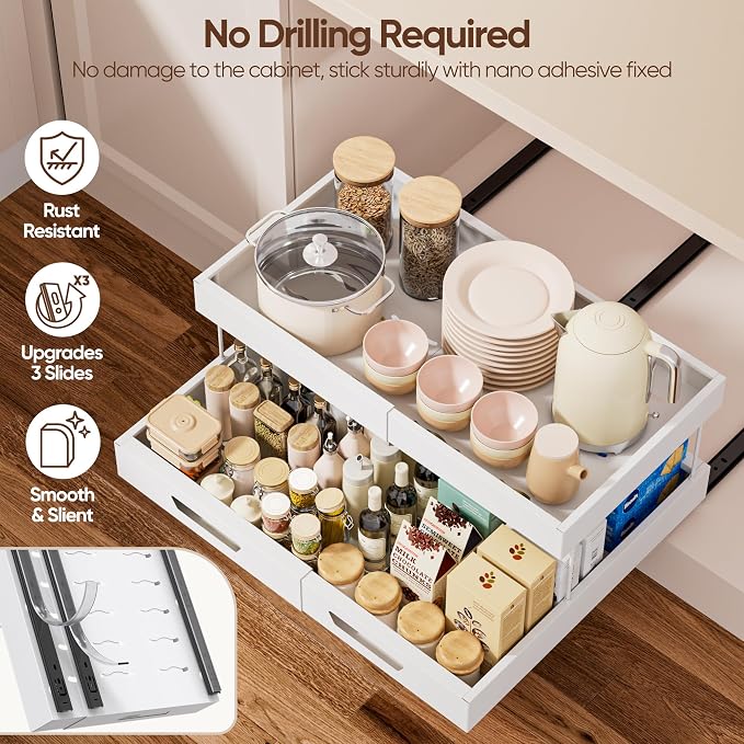 Nacial 2 Tier Pull Out Cabinet Organizer,Expandable(12.3"-20.7" W),White | Slide Out Cabinet Drawer with Adhesive Nano Film, Adjustable Heavy Duty Roll Out Shelves for Kitchen Pantry Bathroom Storage - Image 6