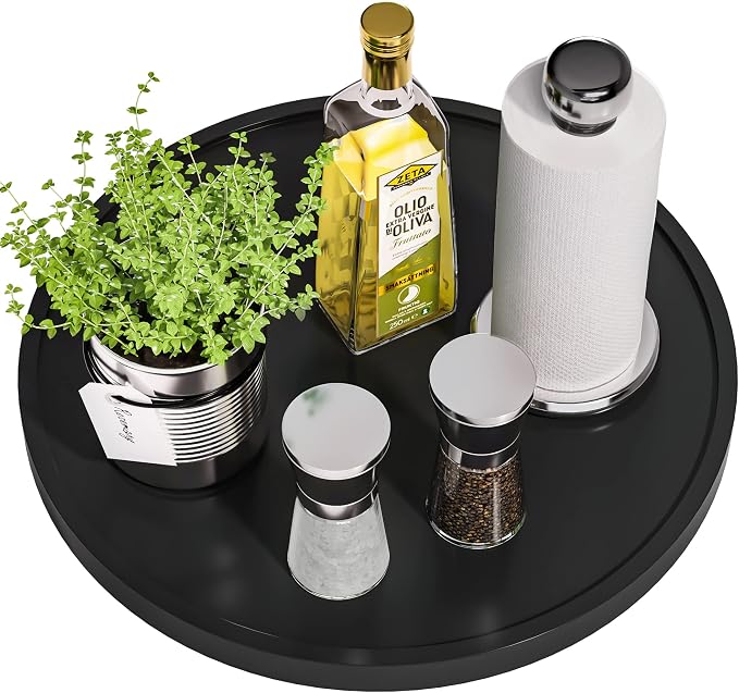 Lazy Susan Organizer, 13.2 Inch Non-Skid Bamboo Turntable | Kitchen Table Cabinets Closets and Kitchen Islands, Wood Turntable for Kitchen Countertop Organizer, Black by VeyFey