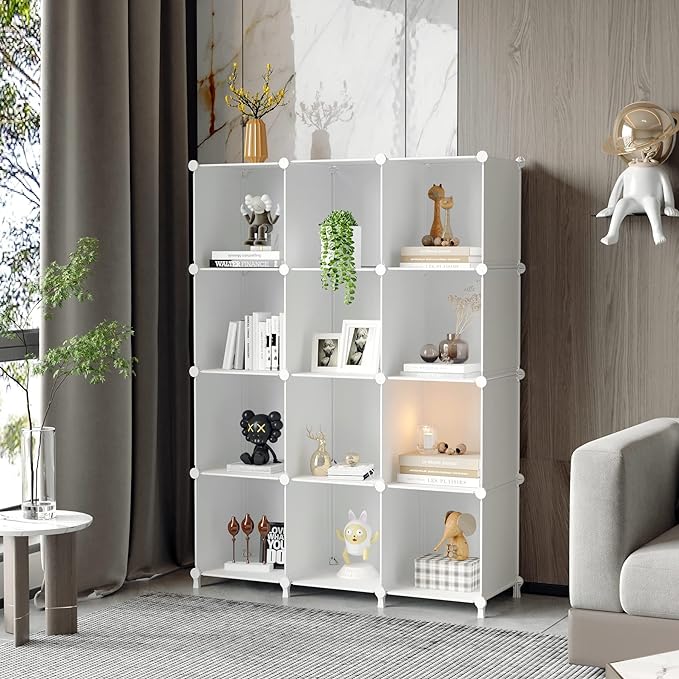AWTATOS 12 Cube Storage Organizer, Closet Organizer Storage Shelves, White | Portable Closet Organizers, DIY Stackable Storage Cubes Shelves Bookshelf, Plastic Clothes Shelving for Home, Bedroom - Image 2