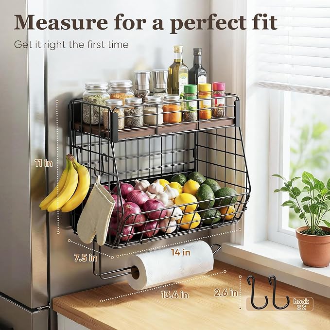 Magnetic Spice Rack for Fridge with Paper Towel Holder 2 Hook, Fruit Basket | Kitchen Storage and Organizer, Full‑Enclosed Magnetic Shelf 33 lbs for Laundry, Pantry, Coffee Bar and RV - Image 2