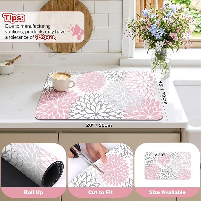 Findosom Dish Drying Mat, 12" x 20" Super Absorbent Dish Mat with Floral, Hide Stain Drying Mat for Kitchen Counter, Under Dish Rack, Coffee Maker, Espresso Machine, Pink - Image 3