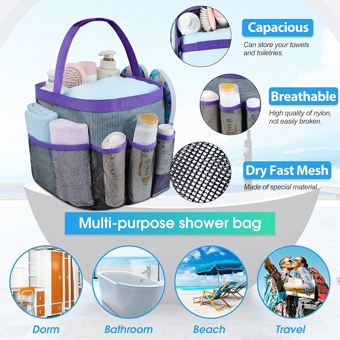 Mesh Shower Caddy Portable - 9 Pockets for College Dorm Room Essential | Large Capacity Mesh Shower Caddy with 9 Pockets, Portable Hanging Toiletry Bag for College Dorm, Gym, Camping and Beach - Image 2