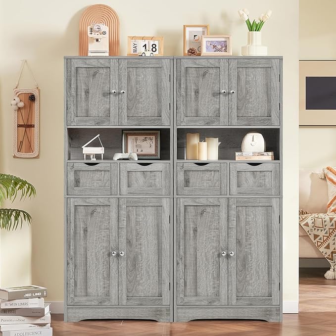 Iwell Tall Storage Cabinet with Adjustable Shelf, Bathroom Cabinet with 2 Drawers, Linen Cabinet for Living Room, Grey - Image 6