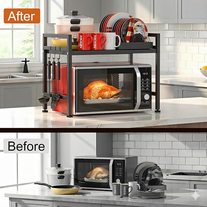 PUSDON Textured Black Microwave Oven Rack, Expandable 2-Tier Kitchen Countertop Organizer, Heavy Duty Carbon Steel Stand with 3 Hooks, Adjustable Height & Length - Image 3