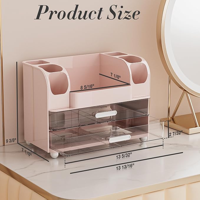 Delamu Large Makeup Organizer Countertop with 6 Brush Holders, Pink | Vanity Organizer with 2 Drawers, Gift for Women & Girls, Holds Perfume, Skincare, Lipstick, Nail Polish & Hair Accessories - Image 2