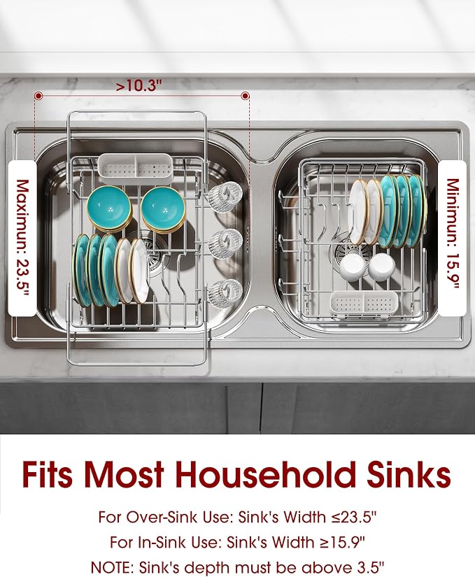 Sakugi Dish Drying Rack in Sink - Expandable Stainless Steel Dish Rack Over the Sink, Kitchen Sink Drain Strainer with Cutlery Holder & Cup Holders, 15.4 x 9.8 x 3.0 Inch, Silver - Image 2