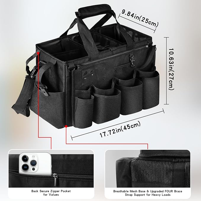 Grekos Wearable Cleaning Caddy Bag, Cleaning Caddy Suppliers Organizer with 4 Foldable Dividers, Handle & Shoulder Straps Cleaning Tool Organizers for Cleaners & Housekeeper (Black) - Image 4