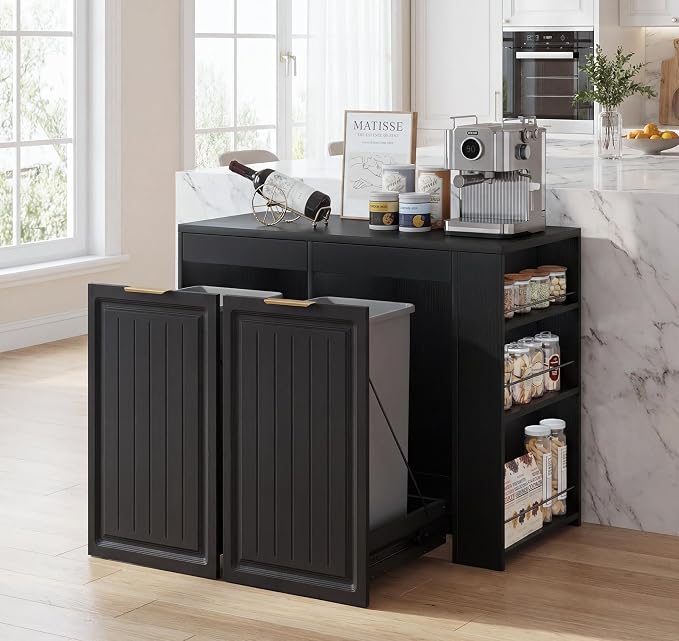 Double Pull Out Trash Can Cabinet 2x13 Gallon, Side Storage Rack, Black | Pet Proof, Freestanding Kitchen Cabinet, Garbage Recycling, Laundry Hamper, Modern Farmhouse Waste Bin Furniture - Image 6