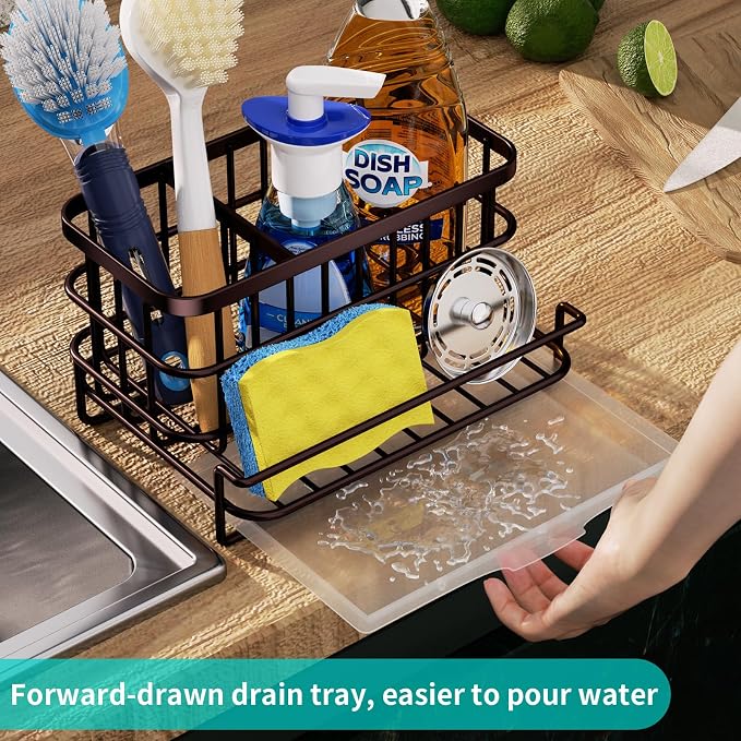 HapiRm Multifunctional Kitchen Sink Caddy with Removable Drain Tray, Quick Draining Rustproof Sink Organizer, Stainless Steel Kitchen Sponge Holder for Sponge, Cleaning Towel and Scrubber-Bronze - Image 4