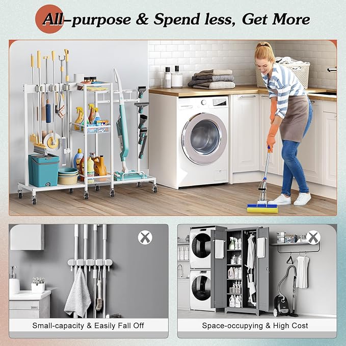 Broom Holder with Cleaning Supplies Organizer, Broom Closet Storage Cabinet with Cleaning Caddy Vacuum Stand, Cleaning Cart with Mop Hanger Gripper Rack Hook, Laundry Room Organization Home Essentials - Image 6