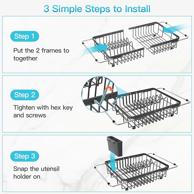 JASIWAY Gray Dish Drying Rack Over the Sink with Utensil Holder | Expandable Stainless Steel Dish Driainers for Small Kitchen, Apartment, Counter Space Saving, Fast Drain, Rust Resistant - Image 8