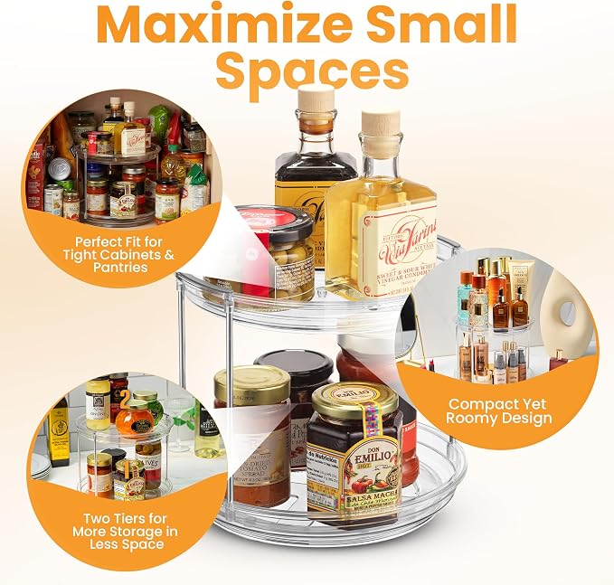 Oizeir 2 Tier Lazy Susan Organizer for Cabinet, Clear Acrylic Rotating Spice Rack Turntable for Kitchen, Pantry, Countertop, Bathroom, Vanity – Double Tier Storage Carousel with Metal Supports - Image 4