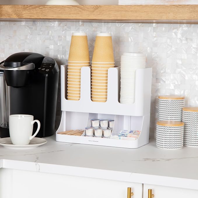 Mind Reader Cup and Condiment Station, 13 Inch Countertop Coffee Bar Organizer with 6 Compartments, Storage Caddy for Cups, Lids and Packets, Plastic, White 13" L x 6.4" W x 11.5" H (Pack of 4) - Image 2
