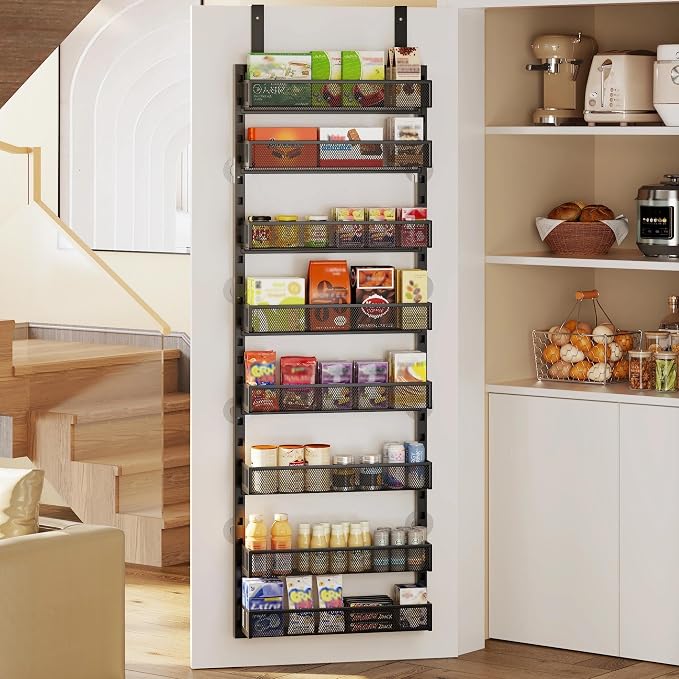 8-Tier Over the Door Pantry Organizer with Adjustable Baskets | Over the Door Spice Rack, Wall-Mounted or Hanging Shelves for Kitchen, Laundry Room, Bathroom(Black,19.3"W x 5.2"D x 72.6"H) - Image 8