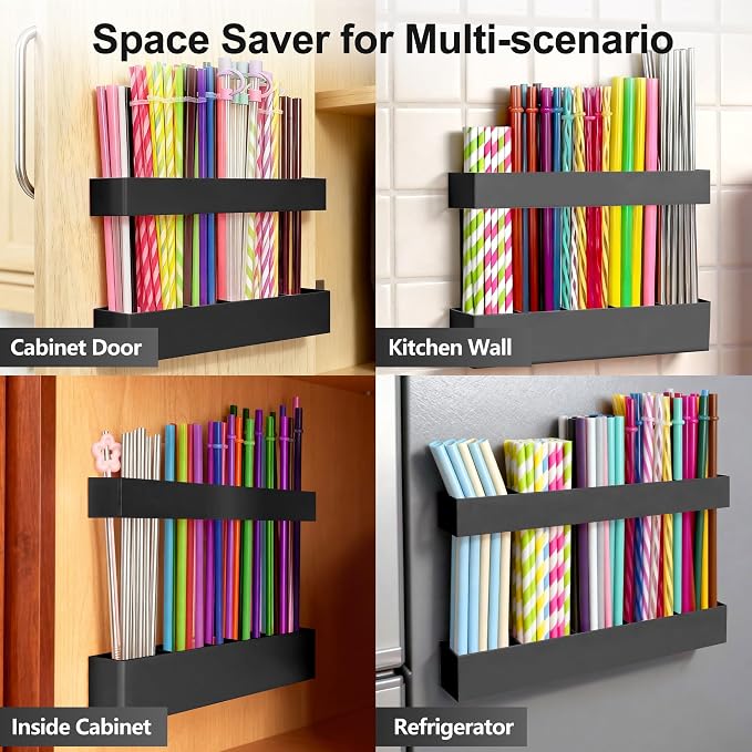 9.5” Large Acrylic Straw Holder for Cabinet Door, Adjustable Two-Part | Reusable Straws Organizer with Ultra Sticky Adhesive Strips, 2026 Straw Storage for Kitchen Cupboard (Black) - Image 6