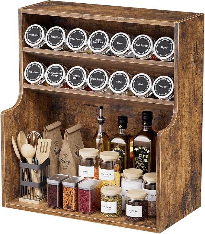 Simple Trending Spice Rack Organizer, 3 Tire Wood Kitchen Counter Spice Rack, Large Counter Seasoning Organizer Storage Shelf for Pantry, Kitchen, 7” W × 14.3” H, Brown by SimpleTrending