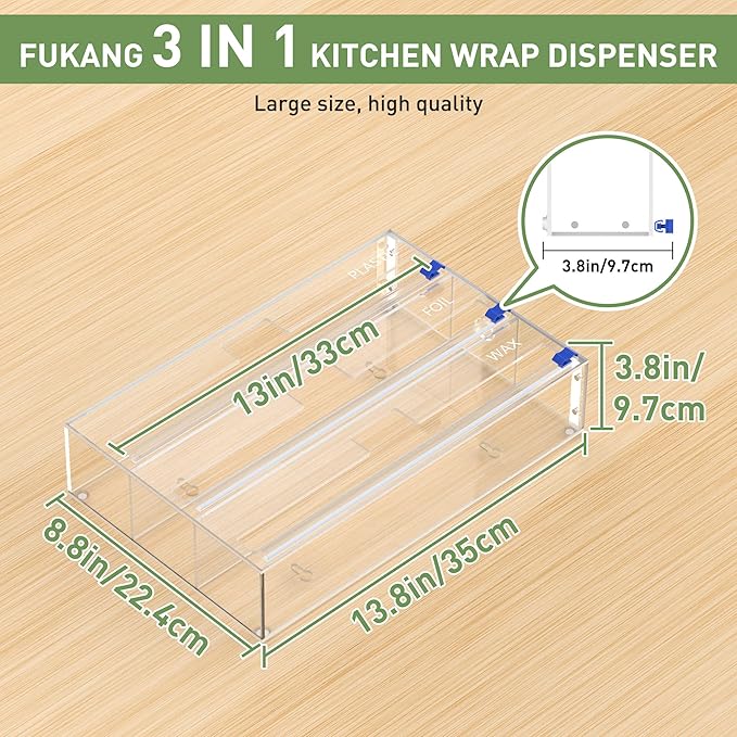 3 in 1 Clear Acrylic Foil, Plastic Wrap Organizer with Cutter | Kitchen Storage, Aluminum Foil Dispenser, Wax Paper Holder, For Drawer or Wall Mount, Fits 12 Inch Roll - Image 3