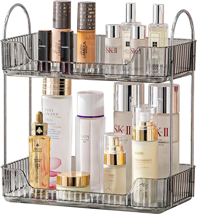 Akinbas 2 Tier Bathroom Organizer Countertop Makeup Perfume Tray Skincare Organizer for Bathroom Dresser Vanity (Grey) by AKINBAS