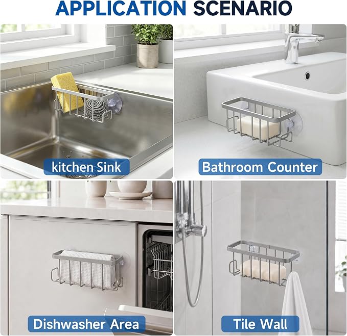Sponge Holder for Kitchen Sink - Rustproof Coated Sink Caddy with 2 Side Hooks | Heavy Duty Suction Cup In-Sink Organizer for sponge, Scrubber & Stopper, Silver - Image 7
