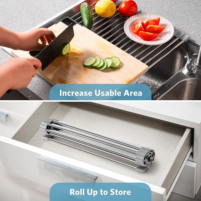 Roll Up Dish Drying Rack,17.1”x13.1”,Build-in Plate Rack | 304 Stainless Steel,Space-Saving,Easy to Clean,Portability and Stability,Heat Resistant,Trivet for Kitchen Countertop - Image 5