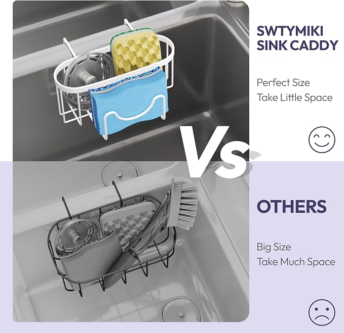 SWTYMIKI Sponge Holder for Kitchen Sink - Movable Kitchen Sink Caddy with M Shape Hook, Stainless Steel Hanging Sponge Caddy for Dish Sponge, Brush, Stopper Organizer in Double Bowl Sink, White - Image 5