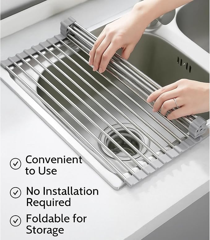 Over-The-Sink Roll Up Dish Drying Rack, 18.5" x 13.5" Foldable Stainless Steel Dish Drainer Mat, Sink Cover & Heat-Resistant Kitchen Organizer (Grey) - Image 3