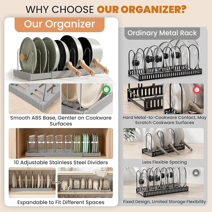 2 Pack Expandable Pot Lid Organizers with 10 Adjustable Dividers | 12.6-22.4 Inch Pots and Pans Organizer Rack Under Cabinet, Countertop, Pan Lids, Bakeware, Food Container Lids, Grey - Image 5