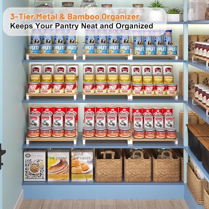 3-Tier Expandable Bamboo & Iron Can Organizer, Holds 30 Cans, White | Adjustable Can Organizer Rack for Pantry & Cabinets, Easy-Access Storage for Soda & Soup Cans, Assembly Required, White - Image 7