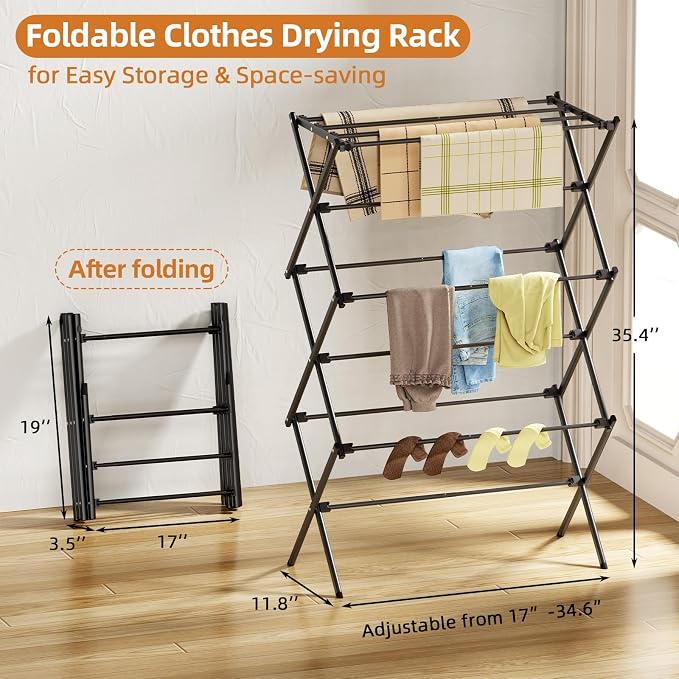 Drying Rack Clothing, 3-Tier Clothes Drying Rack Foldable, Antirust Laundry Drying Rack Collapsible Use for Indoor & Outdoor, 11.8" D x 34.6" W x 35.4" H, Black - Image 2