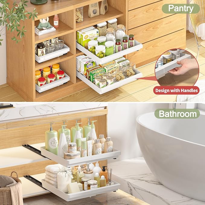 DOMNIU Pull Out Cabinet Organizers Expandable,White,16.9"Depth,4 Pack | Slide Out Drawers for Kitchen, Bathroom, Pantry, Under Sink Storage, Fixed with Adhesive Nano Film (11.6''-17.5'') - Image 4