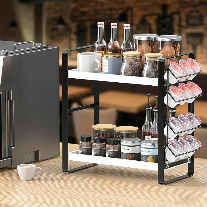 Coffee Station Organizer for Counter, Coffee Pods Holder Storage, Wooden Kitchen Counter Shelf, (WHITE) - Image 2