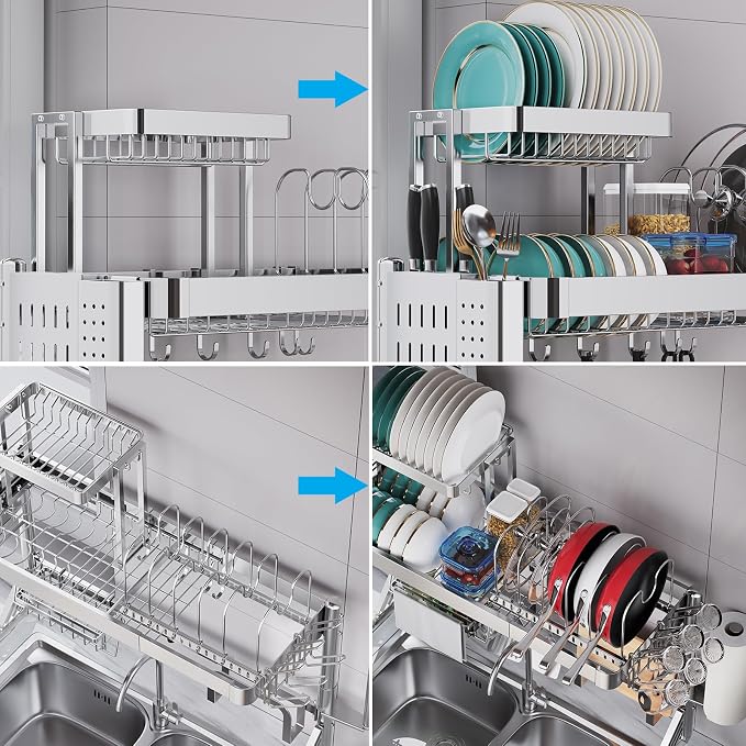 Upgrade 3 Tier Over Sink Dish Drying Rack Adjustable Width | 304 Stainless Steel with Pots and Pans Rack, Modern Large Expandable Kitchen Storage Counter Organizer - Image 7