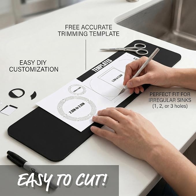 Cuttable Kitchen Sink Faucet Mat: 2PCS 24"Lx5.5"W DIY Splash Guard for Irregular Sink 2, 3 holes, Soap Dispenser & Air Gap - Bathroom Counter Protector Drip Catcher with Pre-Cut Center Hole, Black - Image 3