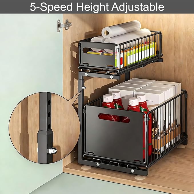 Under Sink Organizer, 2-Tier Multi-Use Kitchen and Bathroom Organizers and Storage, Slide Out Thickened Metal Under The Sink Organizer for Kitchen Bathroom Pantry (Style B Black, 2 Pack) - Image 3