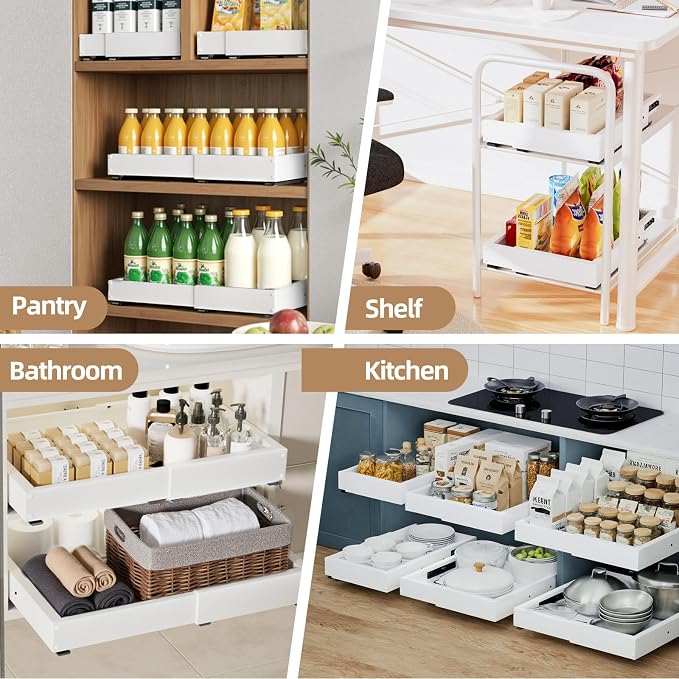 2 Pack Expandable Pull Out Cabinet Organizer, Width (12"-19" ) & Depth (16.5"-22")No Drill Adjustable Cabinet Pull Out Shelves for Kitchen,Pantry, Adhesive Roll Out Shelves for Kitchen Cabinets-White - Image 6