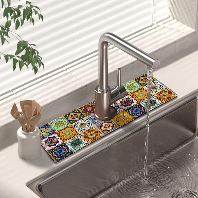 Kitchen Sink Splash Guard Faucet Mat 15" X 5.5" Talavera Mexican Tiles Absorbent Fast Drying Mat Faucet Draining Mat Sink Splash Guard Behind Faucet Drip Catcher for Kitchen Bathroom by Unknown