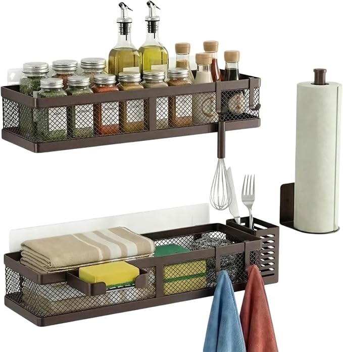 PUSDON 5-in-1 16.5" Extra Long Slim Wall Mount Wrapped Mesh Kitchen Organizer & Shower Caddy Kit, with Paper Towel Holder, Utensil Holder, Soap Dish, Holds 50LBS - Vintage Bronze, Netting - Image 3