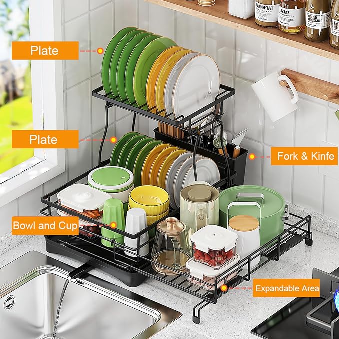 Expandable 2-Tier Dish Drying Rack Over the Sink, Large Capacity | Foldable rustproof coated metal; expands over sink; 2-tier large capacity for plates, bowls, glasses, pan and utensils. - Image 5