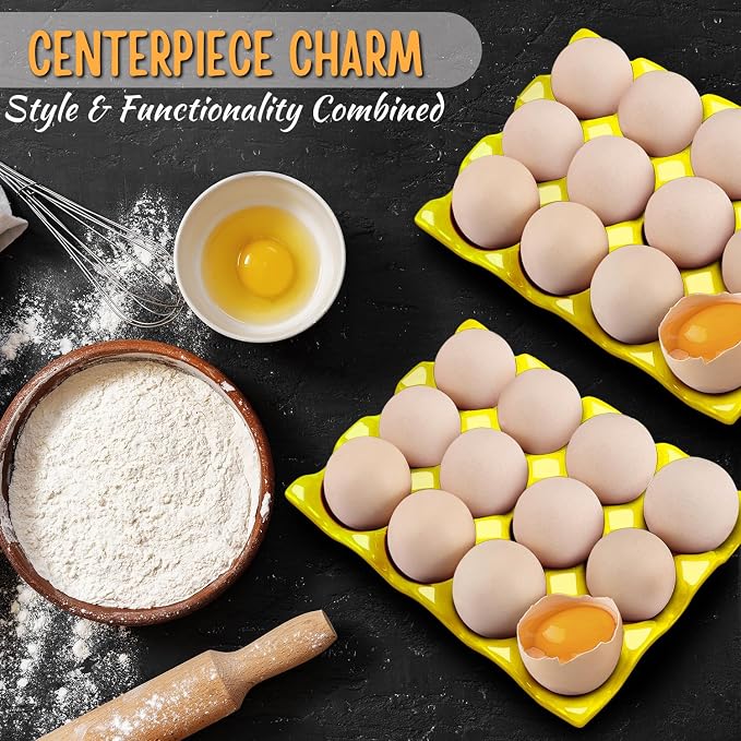 Flexzion 12 Cups Ceramic Egg Holder for Fridge - Dozen Ceramic Egg Tray Porcelain Container Storage Organizer Decorative Serving Stand Serveware for Refrigerator Countertop Display (Yellow, 2 Pack) - Image 3