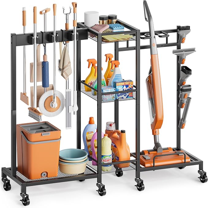 Broom Holder with Cleaning Supplies Organizer, Broom Closet Storage Cabinet with Cleaning Caddy Vacuum Stand, Cleaning Cart with Mop Hanger Gripper Rack Hook, Laundry Room Organization Home Essentials by Olakee