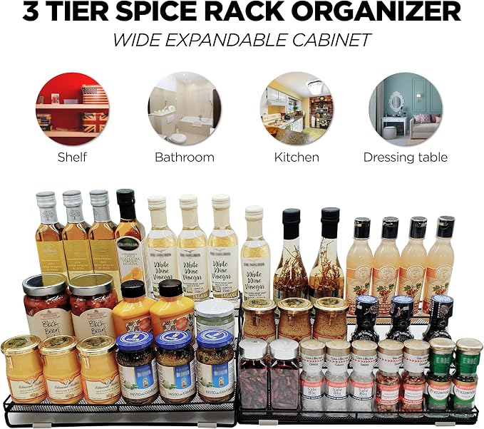 3 Tier Wide Expandable Cabinet Spice Rack Organizer (14.5" to 29.1") - Step Shelf with Protection Railing, Black | Wide, deep expandable spice rack for large spice jars, seasoning bottles, cans, and pantry organization. - Image 2