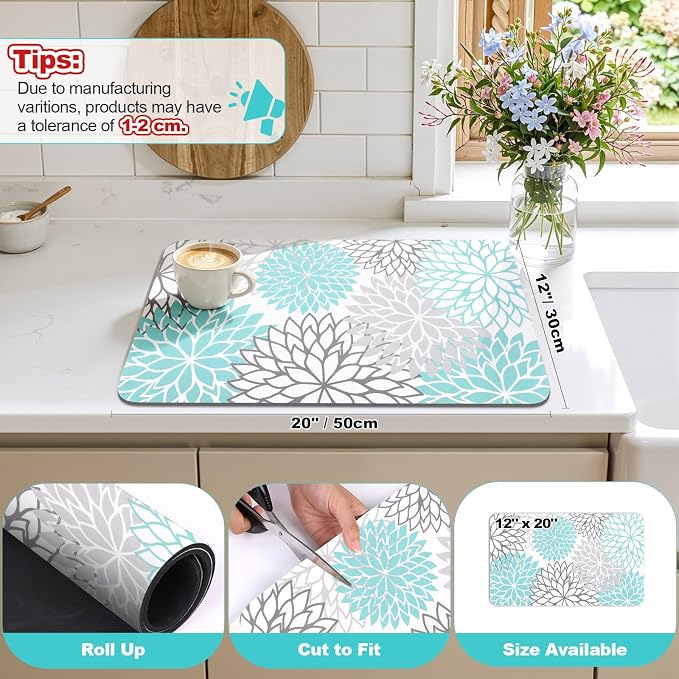 Findosom Dish Drying Mat, 12" x 20" Super Absorbent Dish Mat with Floral, Hide Stain Drying Mat for Kitchen Counter, Under Dish Rack, Coffee Maker, Espresso Machine, Teal - Image 3