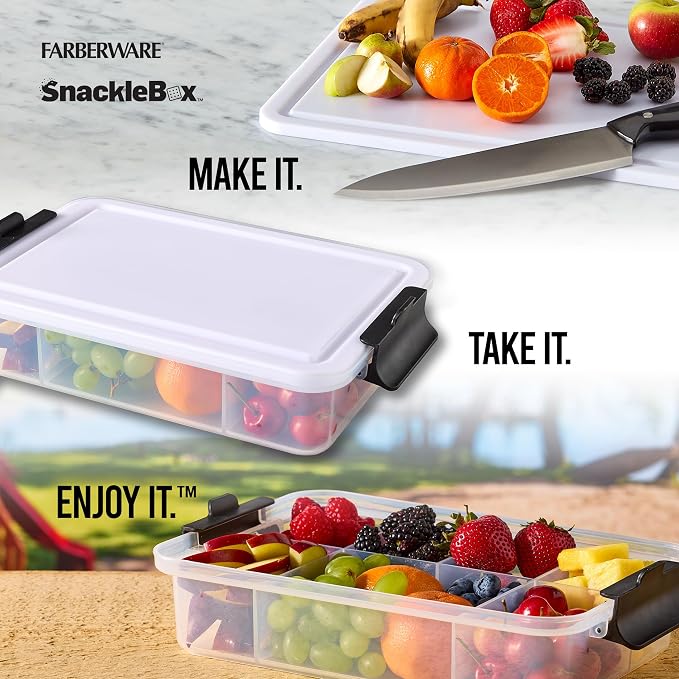 Farberware Snacklebox 7.8 x 12.7 Inch Plastic Cutting Board Lid with 7 Compartments and Locking Handles - Portable Snack Organizer for Charcuterie, Travel, Picnics, and On-the-Go Snacking - Image 2