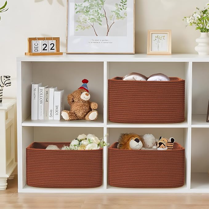 4 Pack Large Storage Basket for Organizing, 17.5"x13"x7" Woven Basket for Shelves, Closet Cube Storage Bins with Wrapped Handle, Cotton Rope Baskets for Kitchen, Clothes, Toys(Oxide Red) - Image 4