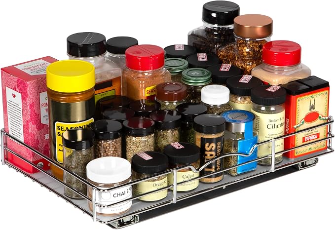 Pull-Out Cabinet Spice Rack Organizer, 16 ⅜"W x 10 ⅜"D x 2 ¾"H | Slim Slide-Out Storage for Spices, Bottles & Jars, Premium Heavy-Duty Steel, Easy Install for Narrow Kitchen Cabinets, Chrome - Image 5