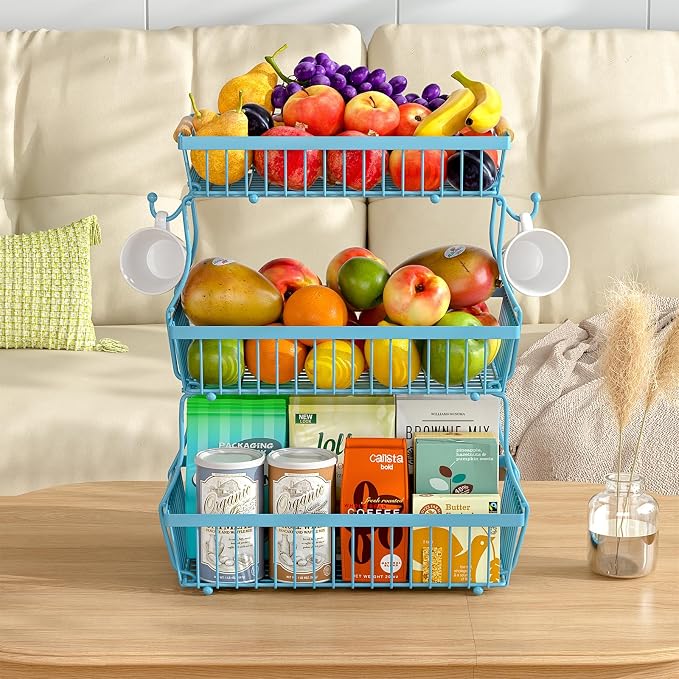 3 Tier Fruit Basket for Kitchen Counter with 2 Banana Hangers, Countertop Metal Fruit Bowl with Wooden Handle, Large Storage Stand for Vegetables, Snacks, Breads, Produce Storage – Blue - Image 6