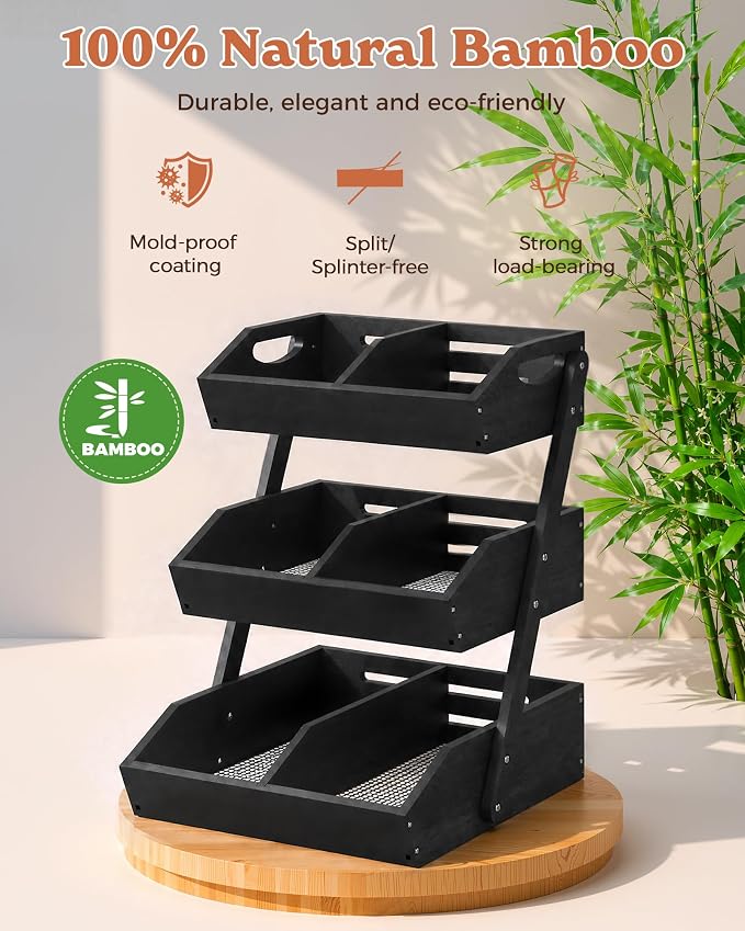 3-Tier Bamboo Fruit Basket with 2 Banana Holders Black | Large tiered organizer for bread, snacks, veggies. Sturdy bamboo, includes mats & dividers. Easy to assemble. - Image 4