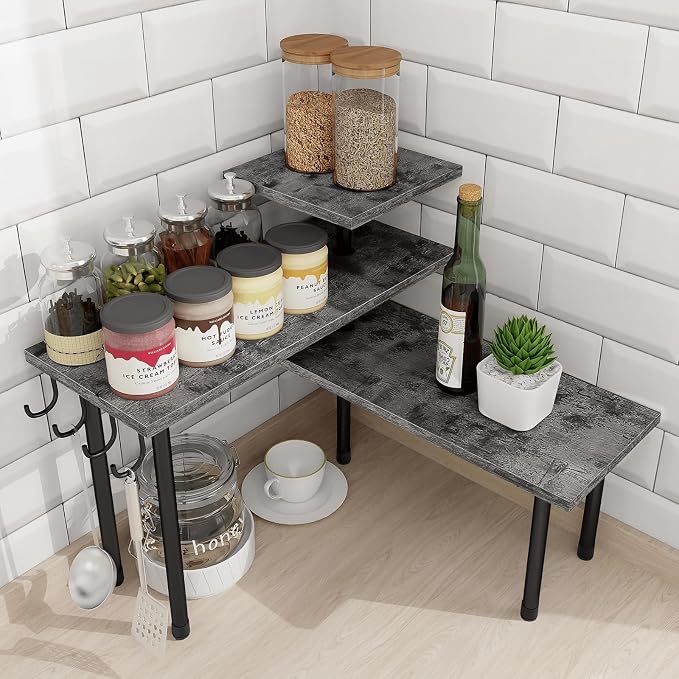 Kitchen Countertop Organizer, 3 Tier Corner Shelf Bathroom Counter Organizer, Wooden Counter Shelf Stand Space Saver, Easy Assembly, Rustic Grey by Homode