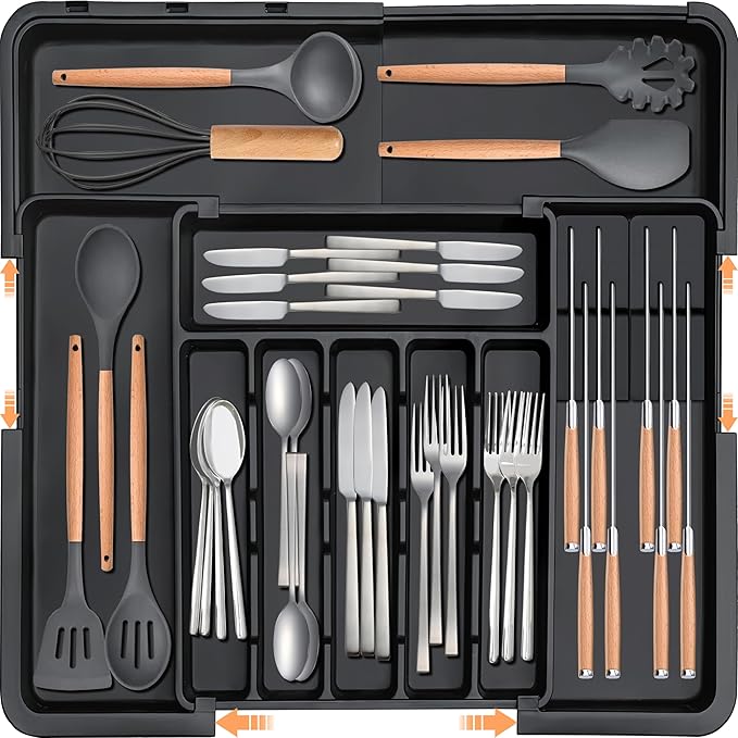 Silverware Organizer - Expandable Large Kitchen Drawer Organizer Utensil Organizer with 2 Removable Knife Blocks, 22"x 19"Cutlery Tray Drawer Dividers for Kitchen Flatware(6-9 Slots) (Black) by HOMECOR